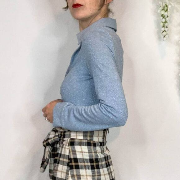 NWT ZARA long sleeve collared top keyhole cutout v-neck glitter y2k 90s 2928 - Picture 2 of 13